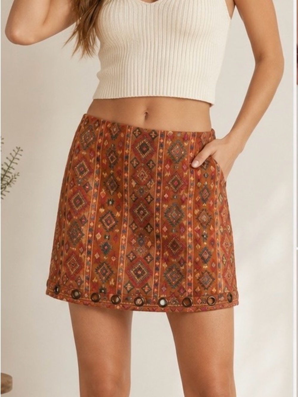 Savanna Jane Rust Suede Boho Mini Skirt with Grommet Trim